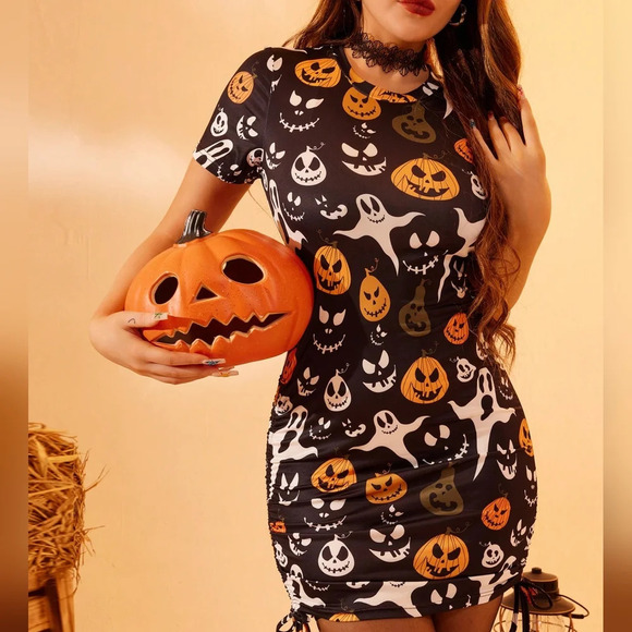 Halloween Print Drawstring Side Bodycon Dress - Picture 1 of 5